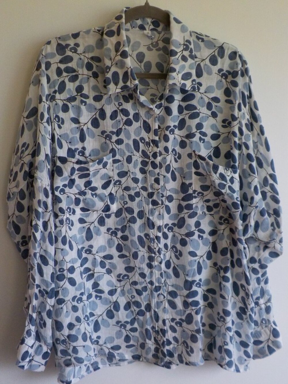 Diosun Blouse - X-Large - Blue/White Button Up Long Sleeve Lightweight (2340)